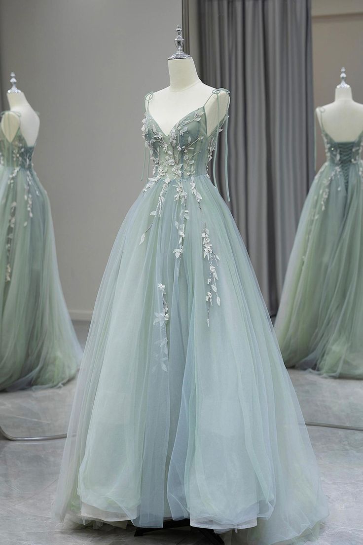 A-Line V Neck Tulle Beaded Applique Long Prom Dress, Spaghetti Strap Formal Evening Dress ED01611