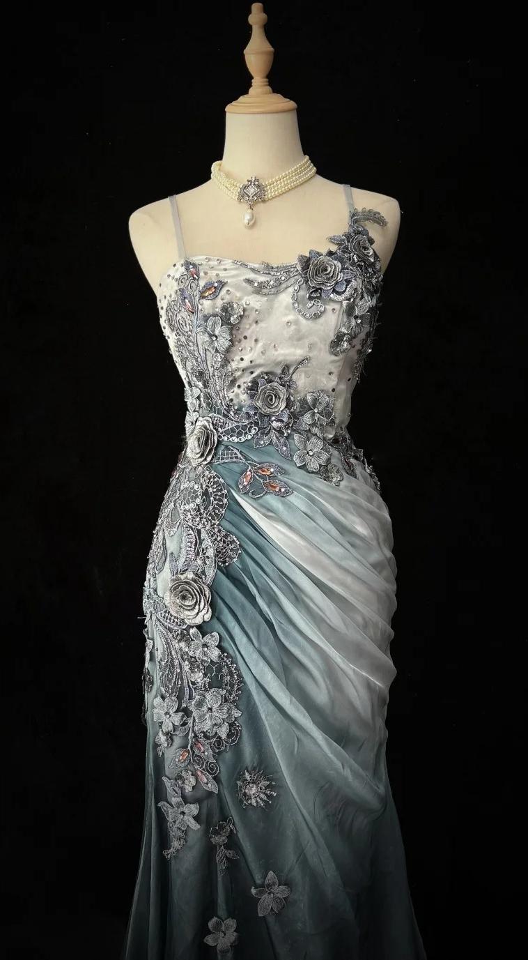 Elegant Chiffon Mermaid Spaghetti Strap Sequined Applique Long Prom Dresses🎐 Formal Evening Dresses  ED01646