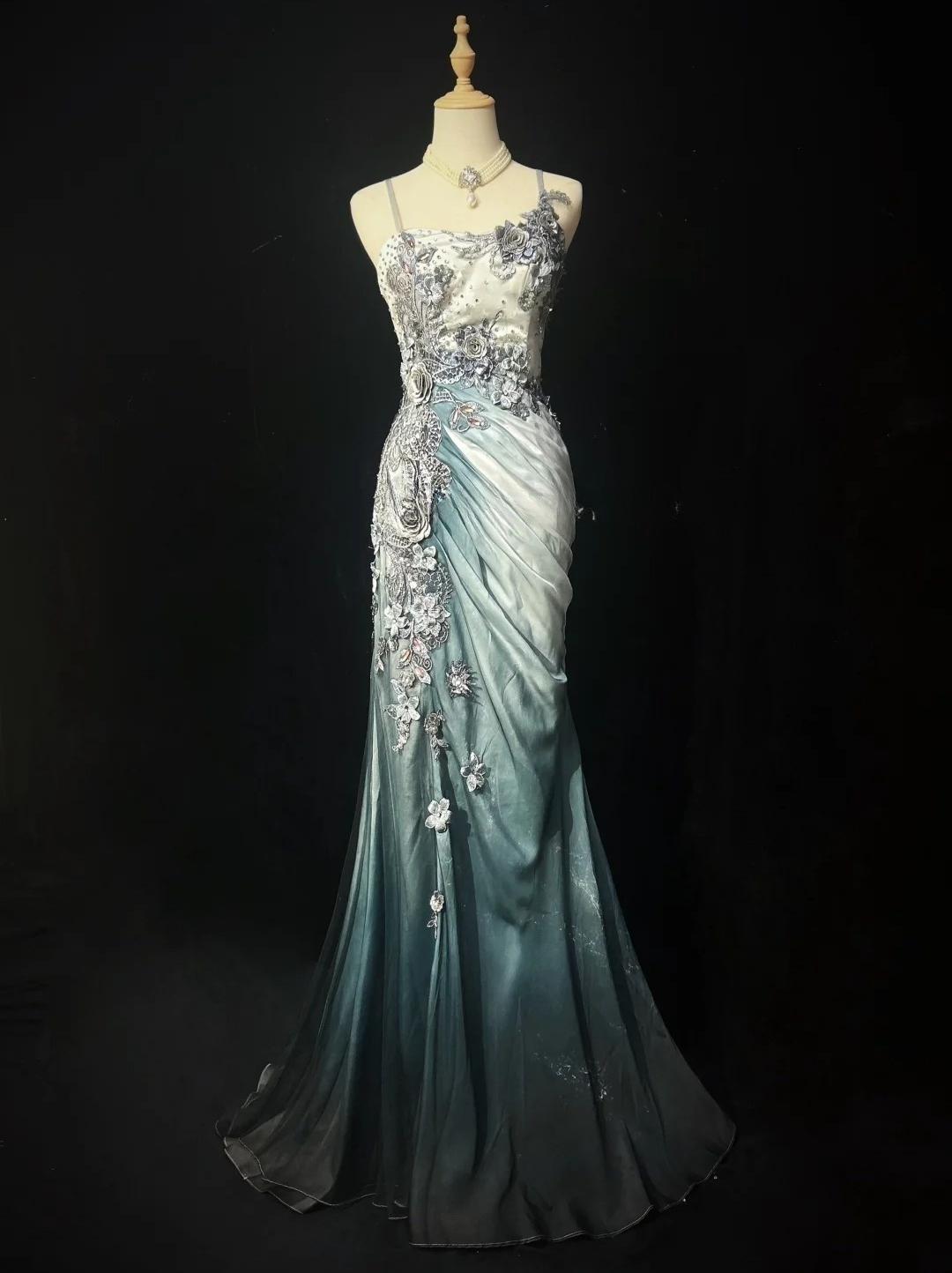 Elegant Chiffon Mermaid Spaghetti Strap Sequined Applique Long Prom Dresses🎐 Formal Evening Dresses  ED01646