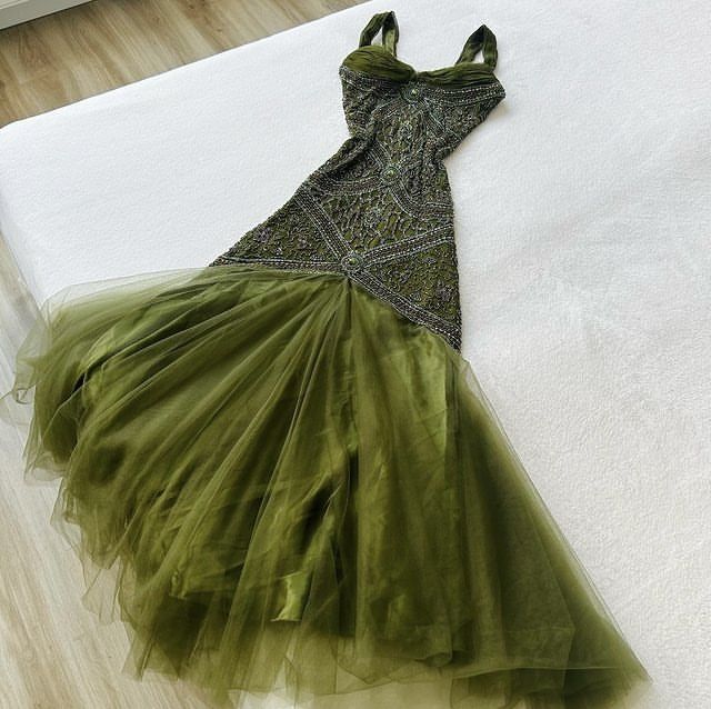 Dark Green Merimaid Spaghetti Strap Tulle Beaded Long Prom Dress Birthday Graduation Prom Dress ED01647