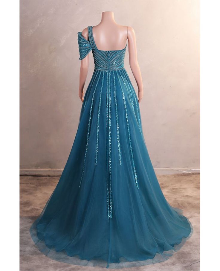 A-Line One Shoulder Tulle Beaded Long Prom Dress Elegant Evening Gown ED01660