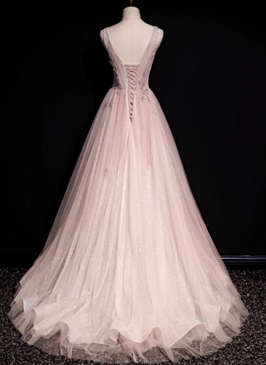 Blush Pink A-Line V-neck Glitter Tulle with Beaded Long Prom Dress Adult Ceremony Evening Dress ED01668