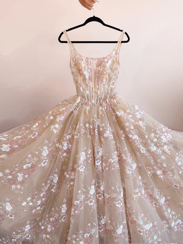 Sweet Light Champagne A-Line Tulle Sequin Applique Long Prom Dress Formal Evening Gowns ED01678