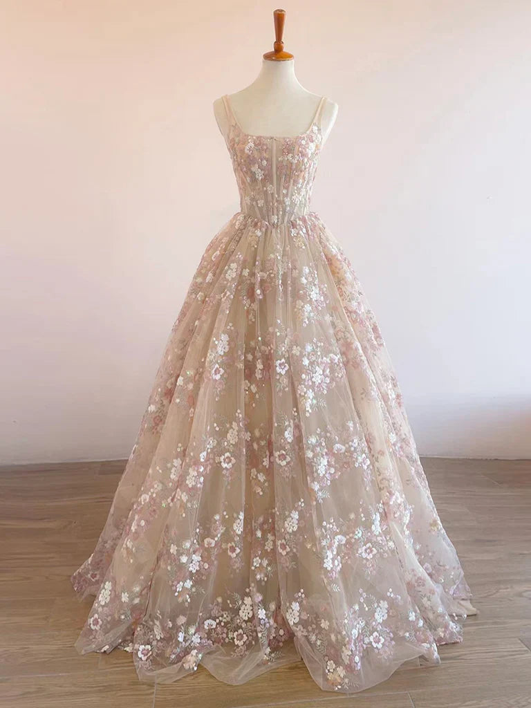 Sweet Light Champagne A-Line Tulle Sequin Applique Long Prom Dress Formal Evening Gowns ED01678