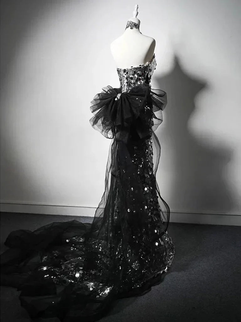 Modest Silver Mermaid Strapless Sequin Tulle  Long Prom Dress Formal Evening Dress ED01680