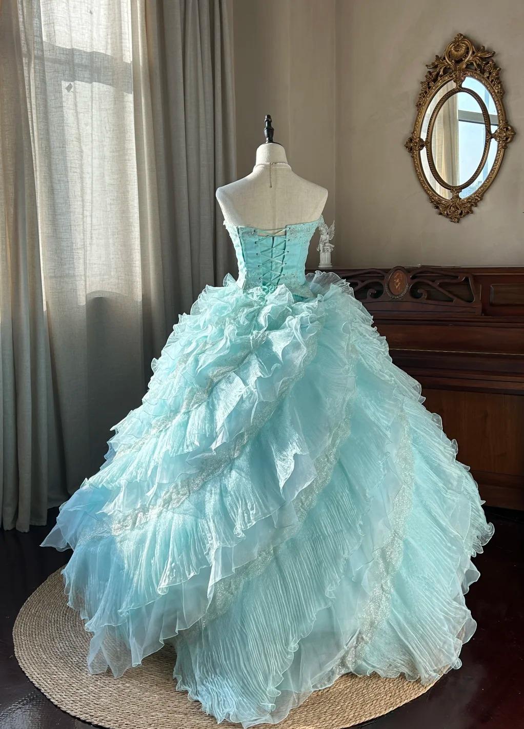Cute Sky Blue A-Line Strapless Tulle Beaded Long Prom Dress Sequined Layered Adult Ceremony Dress ED01684