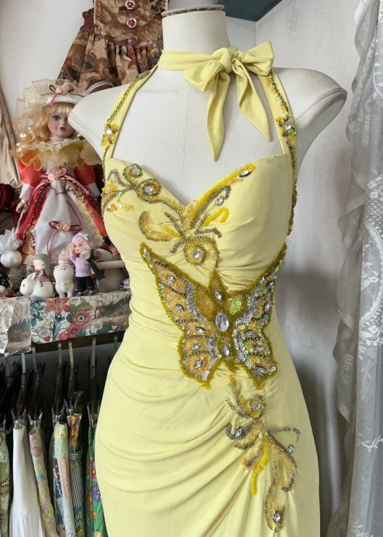 Elegant Yellow Mermaid Formal Dresses Halter Sequin Diamond Long Prom Dress Birthday Party Outfit ED01686