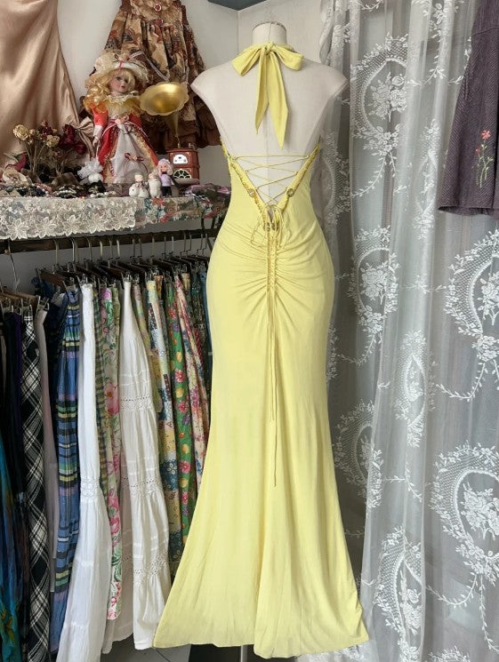 Elegant Yellow Mermaid Formal Dresses Halter Sequin Diamond Long Prom Dress Birthday Party Outfit ED01686
