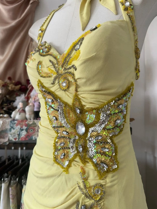 Elegant Yellow Mermaid Formal Dresses Halter Sequin Diamond Long Prom Dress Birthday Party Outfit ED01686
