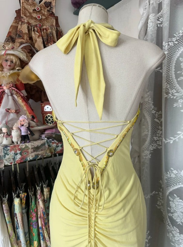Elegant Yellow Mermaid Formal Dresses Halter Sequin Diamond Long Prom Dress Birthday Party Outfit ED01686