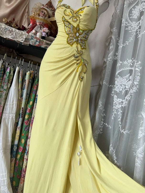 Elegant Yellow Mermaid Formal Dresses Halter Sequin Diamond Long Prom Dress Birthday Party Outfit ED01686