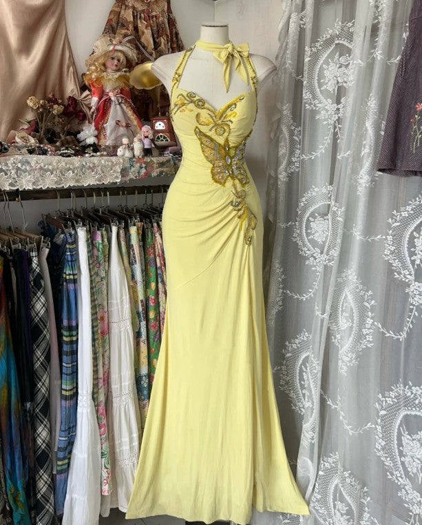 Elegant Yellow Mermaid Formal Dresses Halter Sequin Diamond Long Prom Dress Birthday Party Outfit ED01686