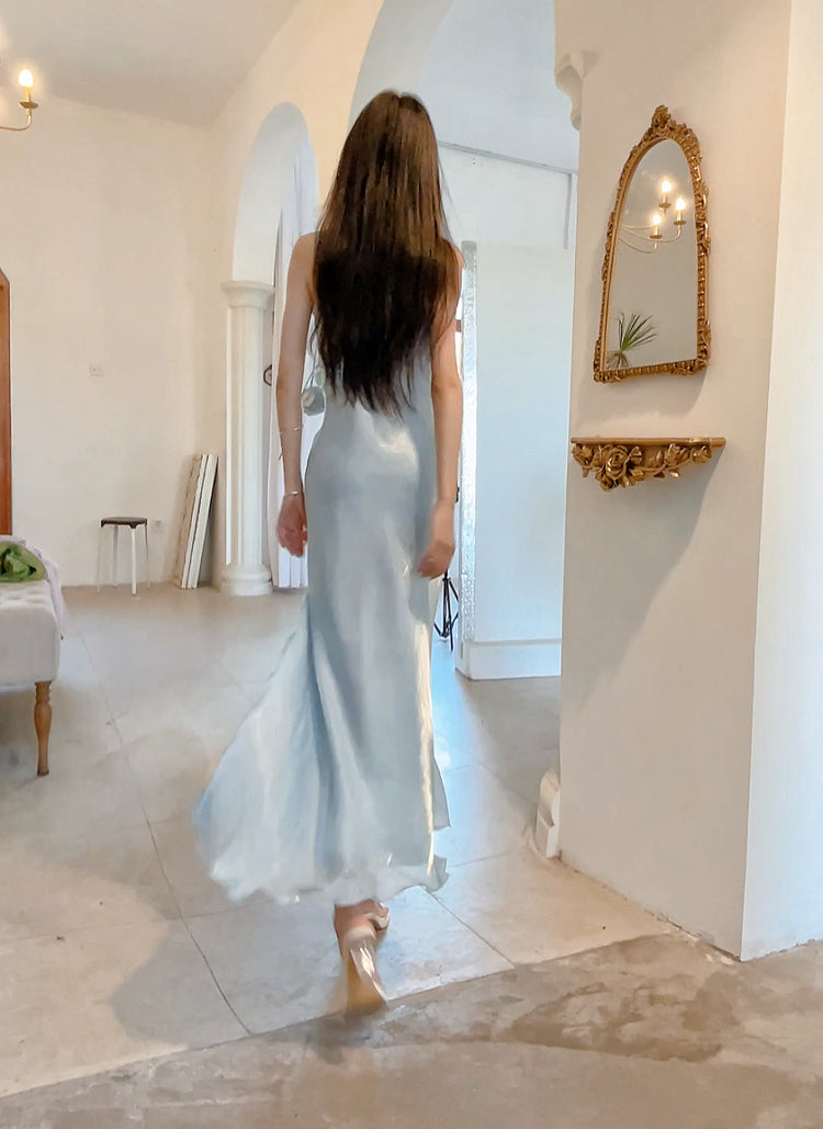 Gentle Blue Bodycon Dress Spaghetti Strap Chiffon Long Prom Dress Graduation Prom Dress ED01694