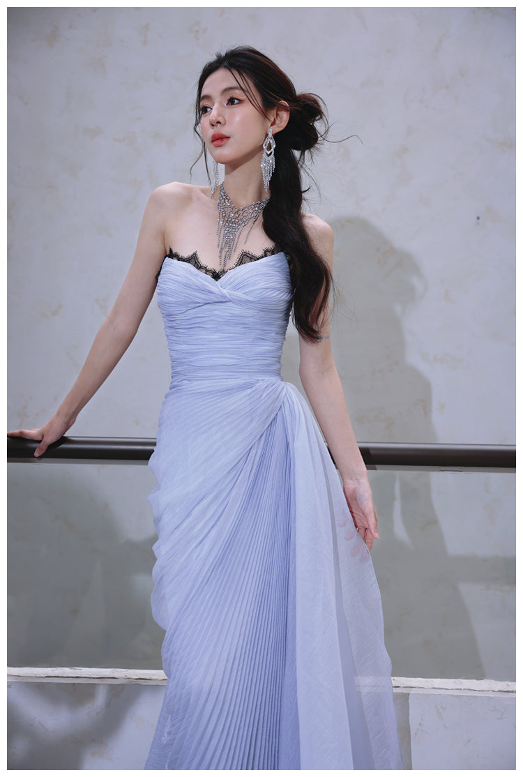 Purple A-Line Strapless Chiffon Pleated Long Prom Dress Chic Lace Graduation Prom Dress ED01695