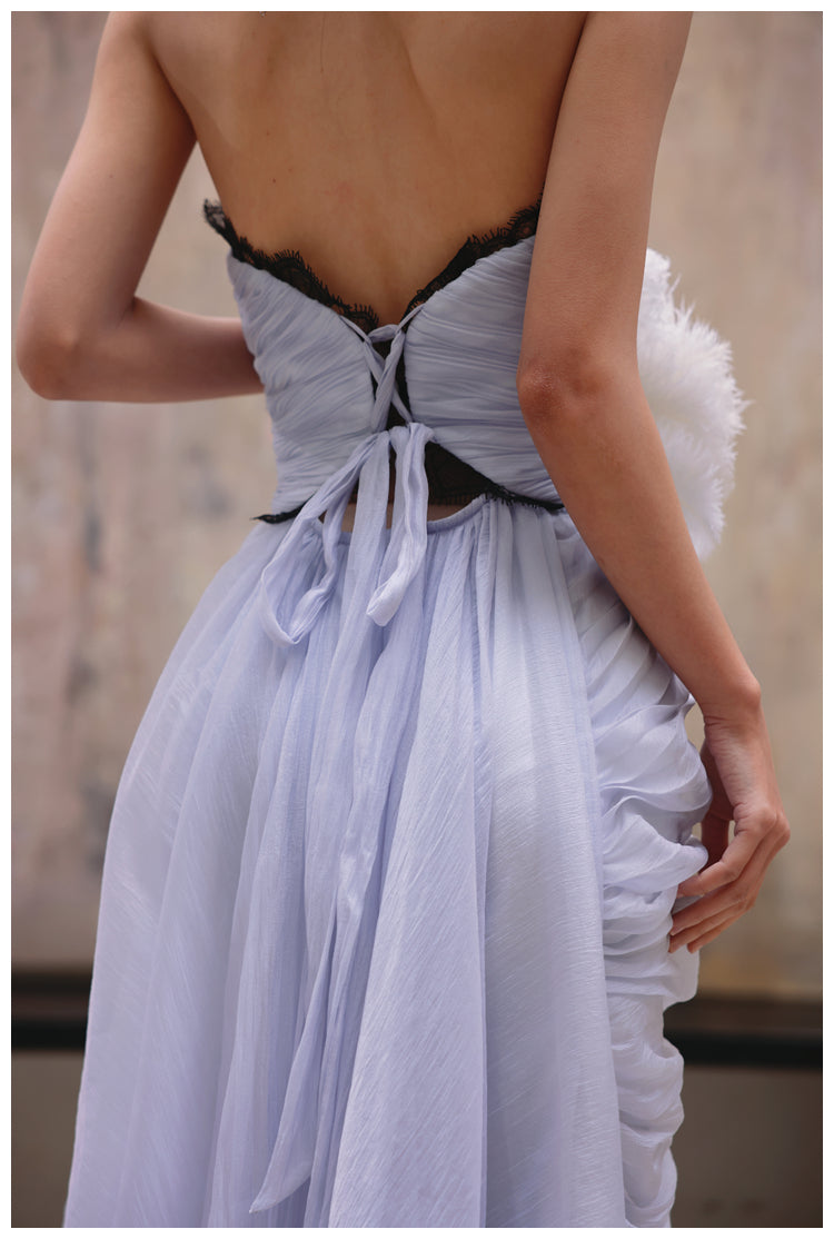 Purple A-Line Strapless Chiffon Pleated Long Prom Dress Chic Lace Graduation Prom Dress ED01695