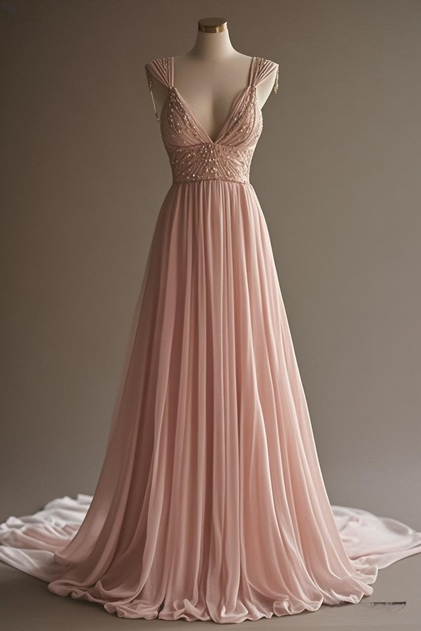 Off-White A-Line V-neck Chiffon Beaded Long Prom Dress Simple Wedding Dress Bridesmaid Dress ED01696