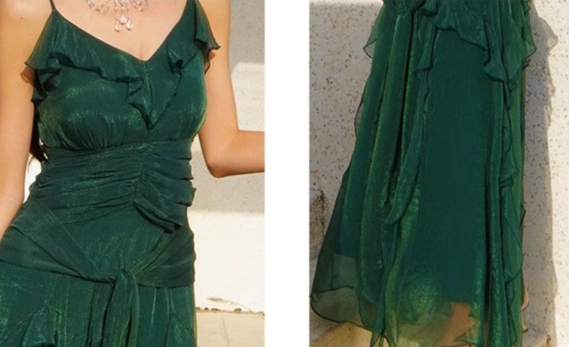 Vintage Green A-Line Spaghetti Strap Chiffon Long Prom Dress V-Neck Layered Evening Gown ED01698