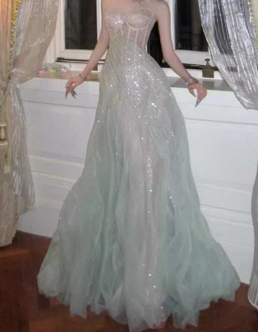 Gentle A-Line Sequined Tulle Strapless Long Prom Dress Adult Ceremony Prom Dress ED01716