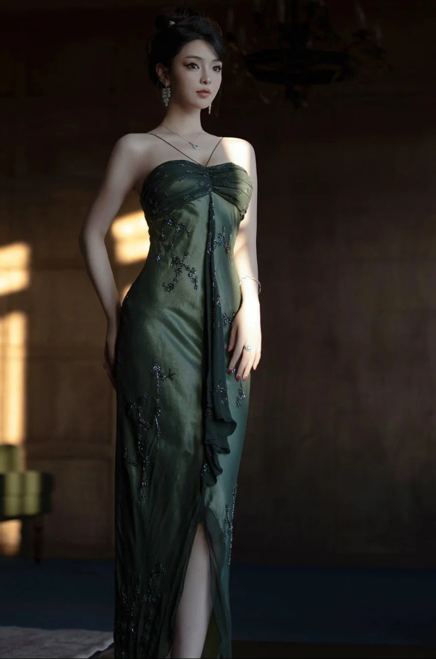 Vintageđź’š Forest Green Spaghetti Straps Long Prom Dresses Glitter Chiffon Beaded Elegant Party Dresses ED01717