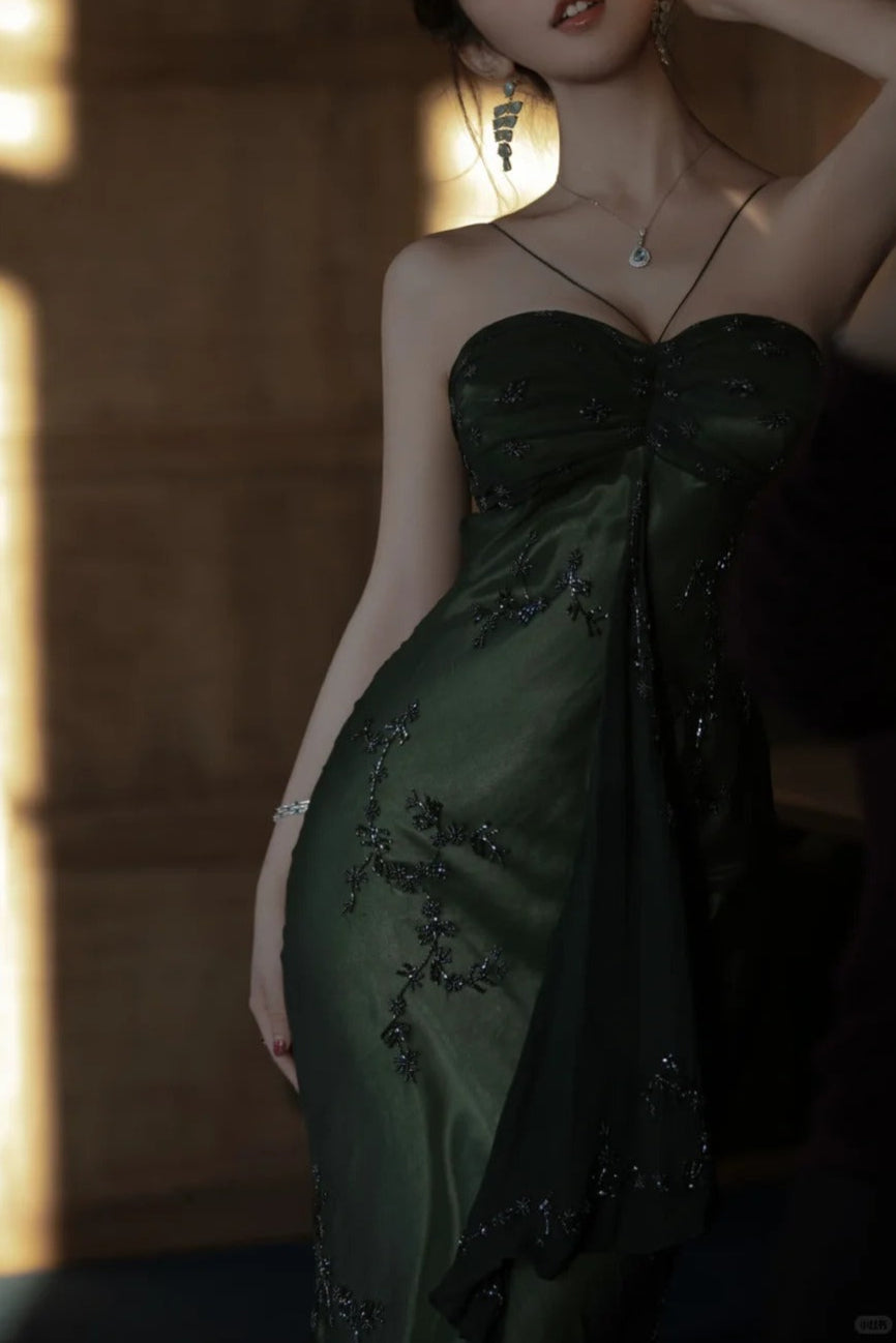 Vintageđź’š Forest Green Spaghetti Straps Long Prom Dresses Glitter Chiffon Beaded Elegant Party Dresses ED01717