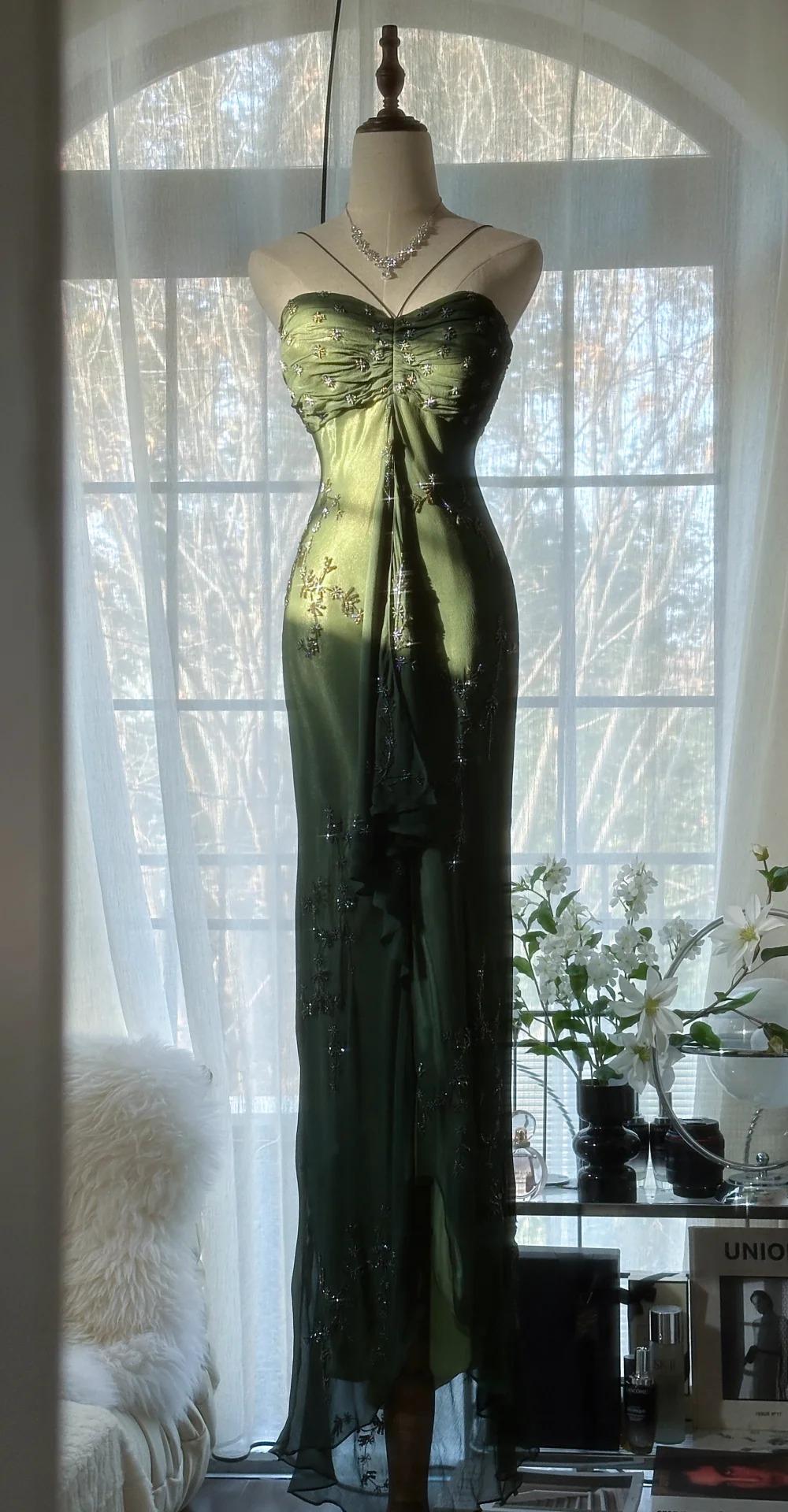 Vintageđź’š Forest Green Spaghetti Straps Long Prom Dresses Glitter Chiffon Beaded Elegant Party Dresses ED01717