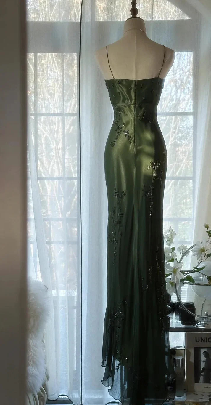 Green Sheath Halter Beaded Appliques Chiffon Long Prom Dress Graduation Prom Dress SH2485