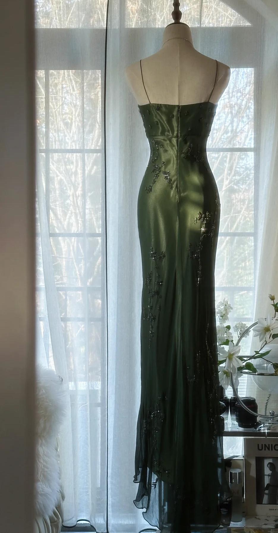 Vintageđź’š Forest Green Spaghetti Straps Long Prom Dresses Glitter Chiffon Beaded Elegant Party Dresses ED01717