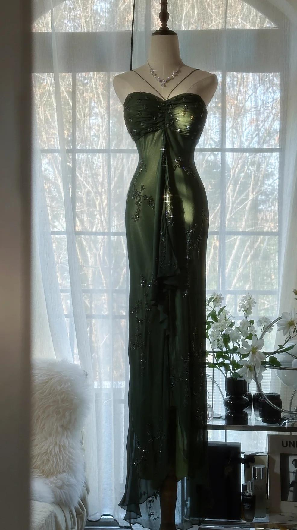 Vintageđź’š Forest Green Spaghetti Straps Long Prom Dresses Glitter Chiffon Beaded Elegant Party Dresses ED01717