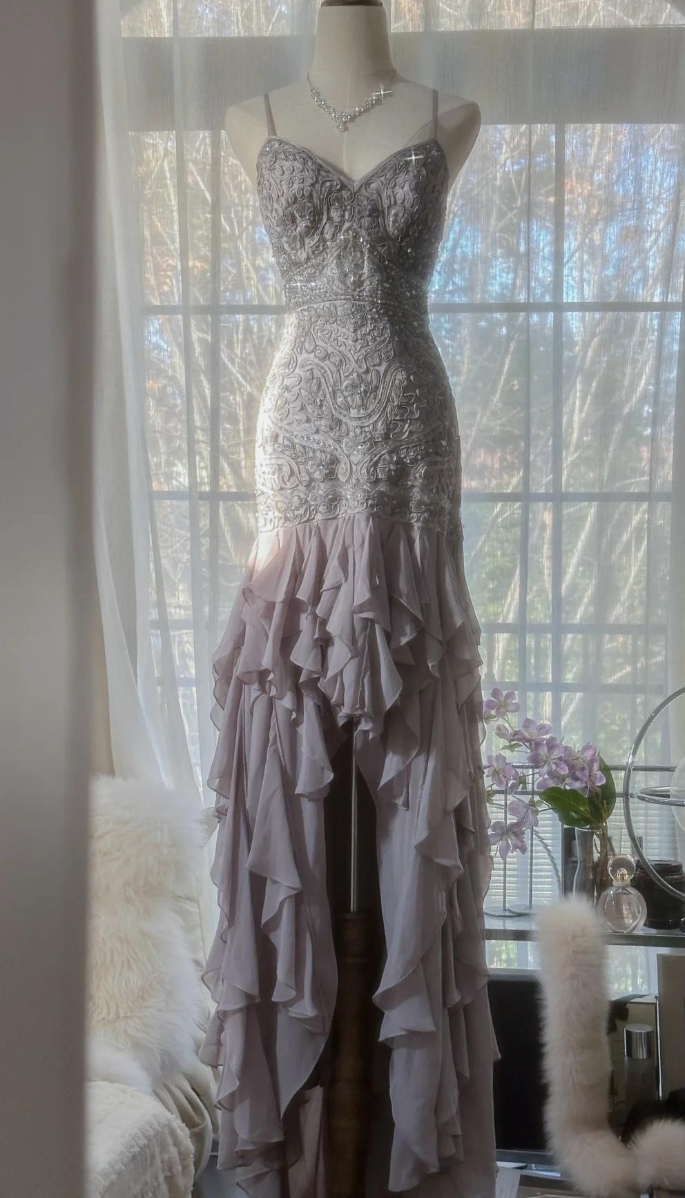 Elegant Purple Spaghetti Strap Appliques Bodycon Open Back Evening Dresses Chiffon Sequin Long Prom Dresses ED01720