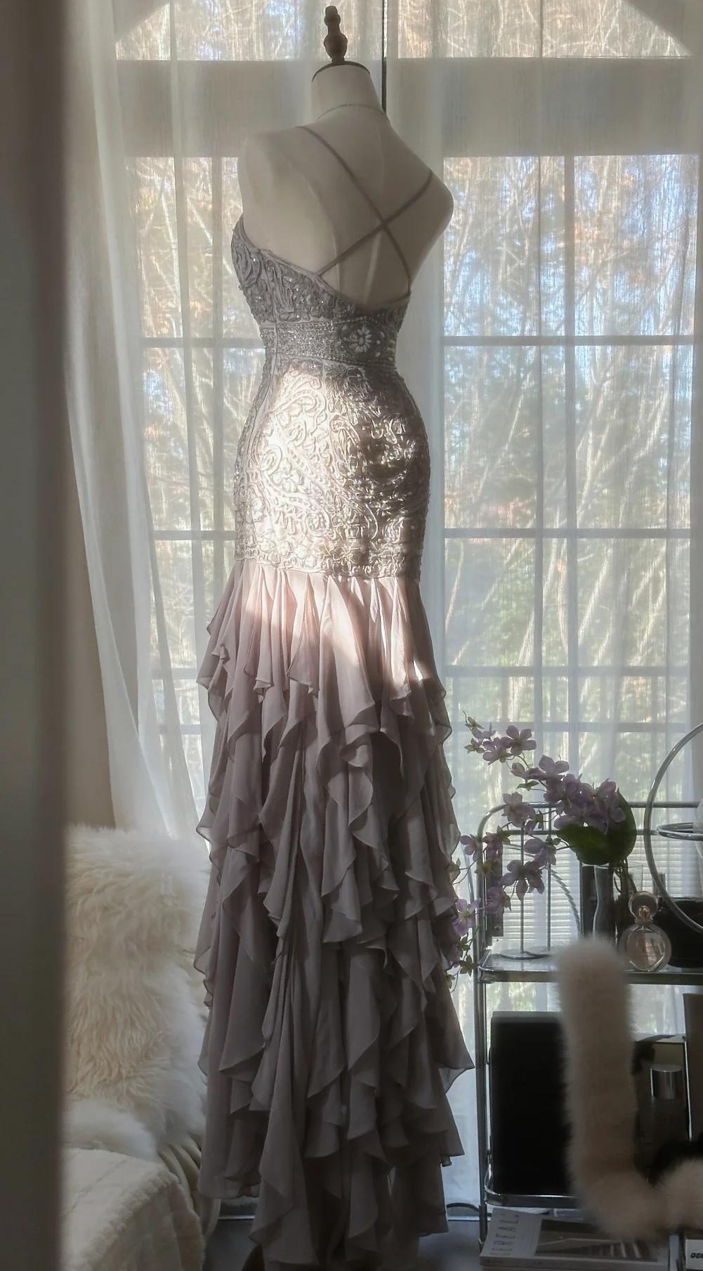 Elegant Purple Spaghetti Strap Appliques Bodycon Open Back Evening Dresses Chiffon Sequin Long Prom Dresses ED01720