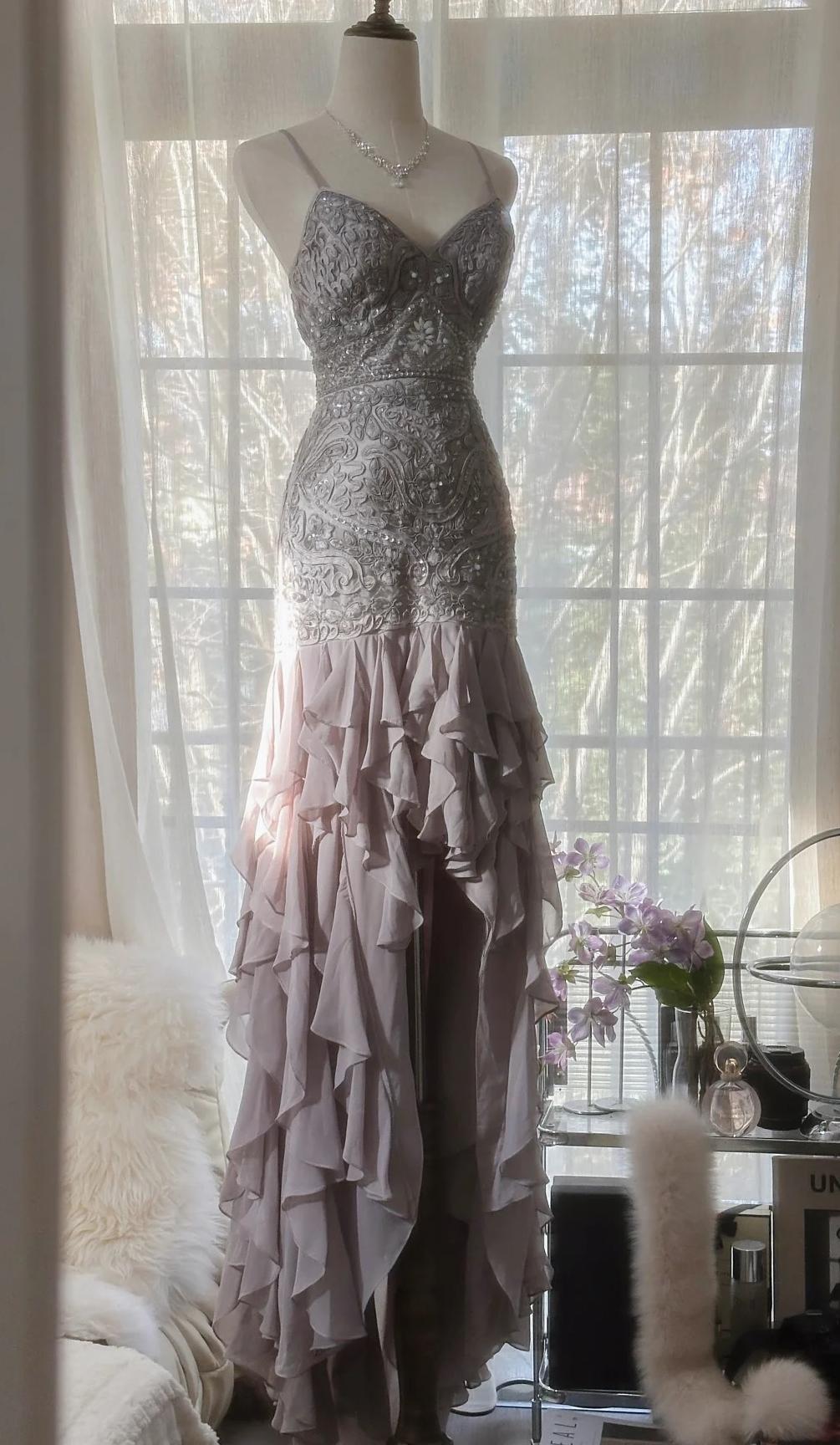 Elegant Purple Spaghetti Strap Appliques Bodycon Open Back Evening Dresses Chiffon Sequin Long Prom Dresses ED01720