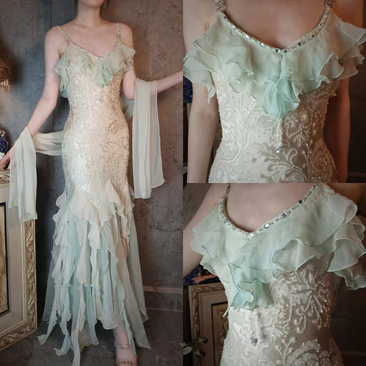 Romantic Vintage Mint Green Chiffon Mermaid Beadwork Long Prom Dress Ruffled Fairytale Graduation Dress ED01725