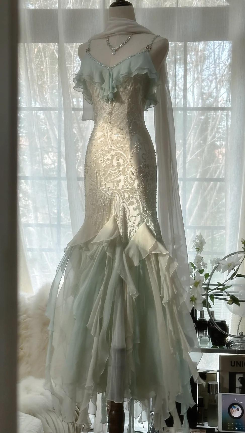 Romantic Vintage Mint Green Chiffon Mermaid Beadwork Long Prom Dress Ruffled Fairytale Graduation Dress ED01725
