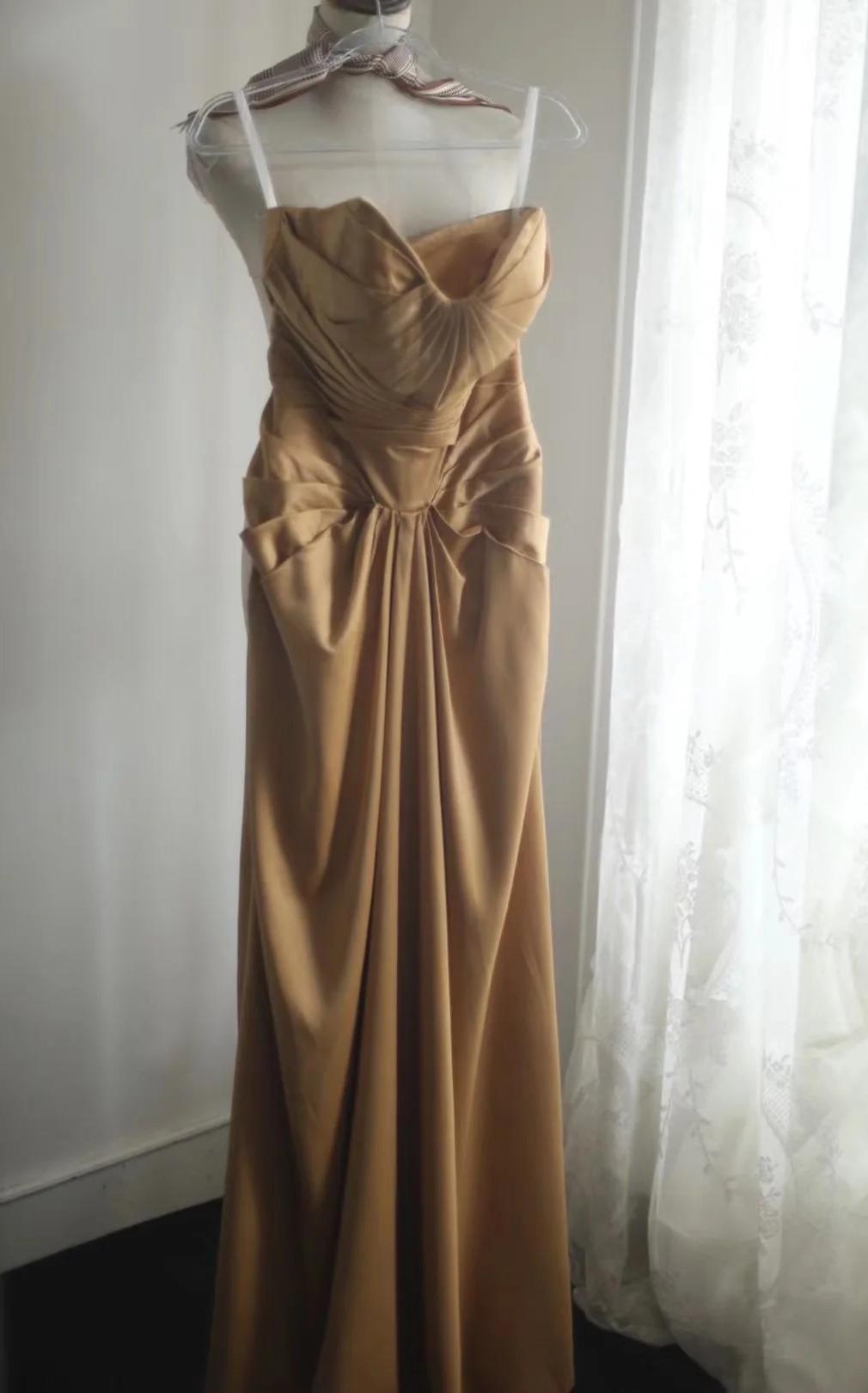 Mermaid Gold Strapless Satin Long Prom Dress Simple Evening Dress ED01730