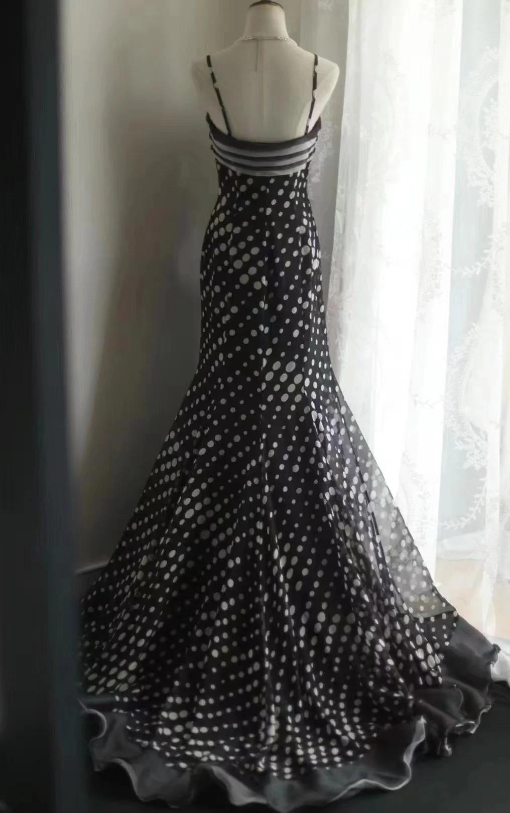 Mermaid Black Spaghetti Strap Chiffon Long Prom Skirt Polka Dot Evening Dress ED01731