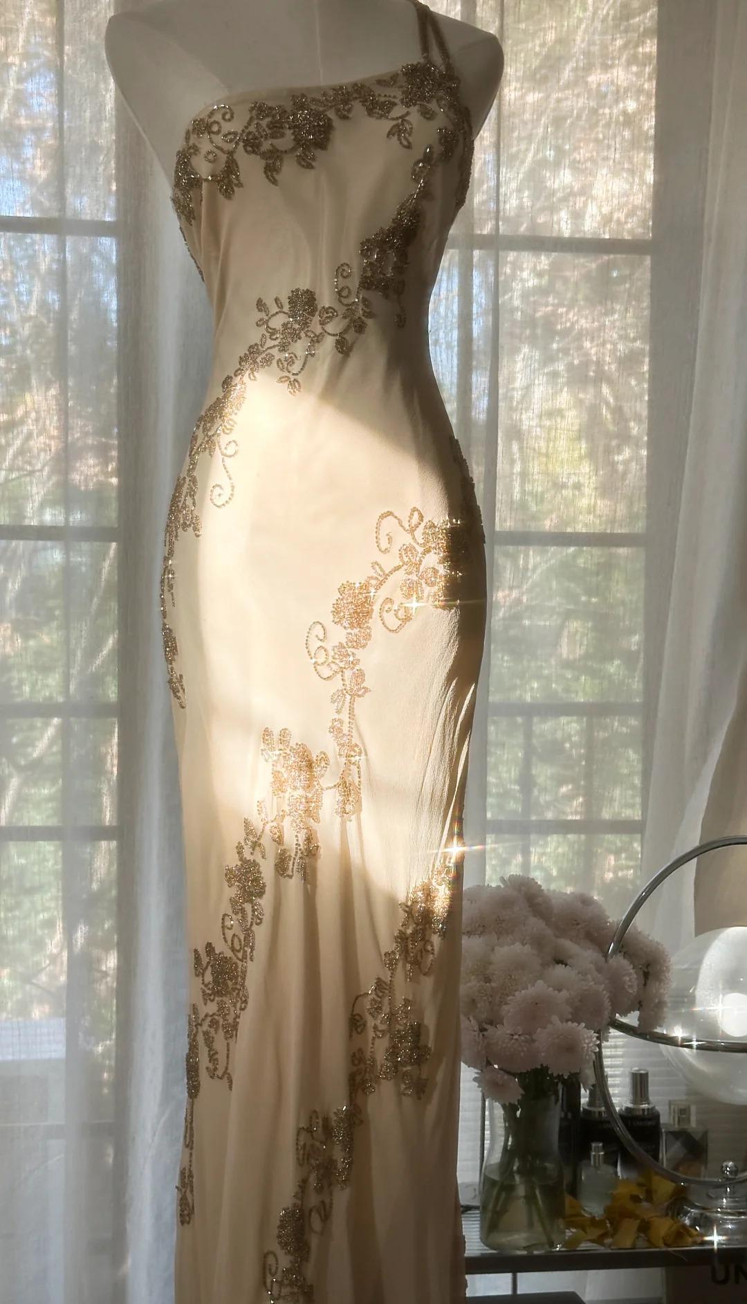 Champagne Retro Chiffon Sheath Party Dress One Shoulder Beaded Long Prom Dress ED01733
