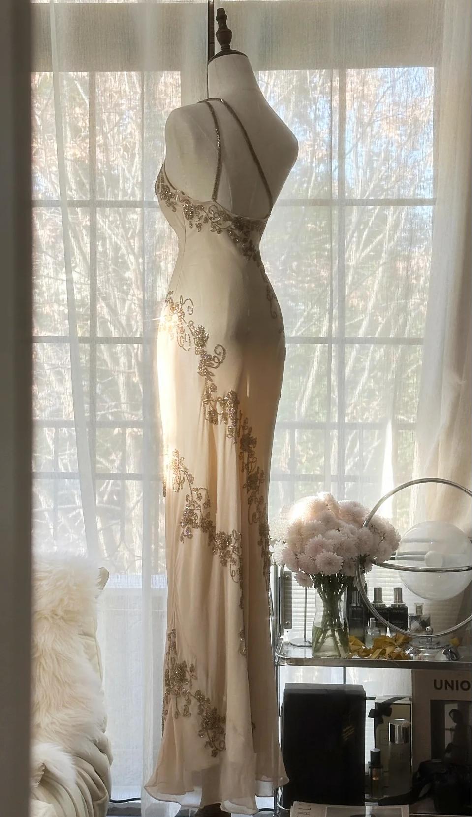 Champagne Retro Chiffon Sheath Party Dress One Shoulder Beaded Long Prom Dress ED01733