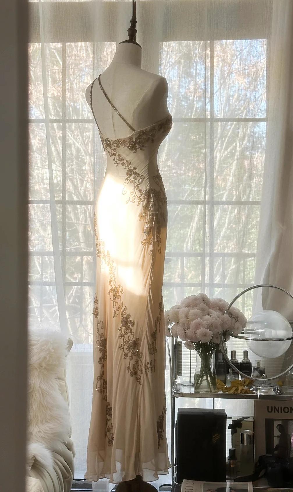 Champagne Retro Chiffon Sheath Party Dress One Shoulder Beaded Long Prom Dress ED01733