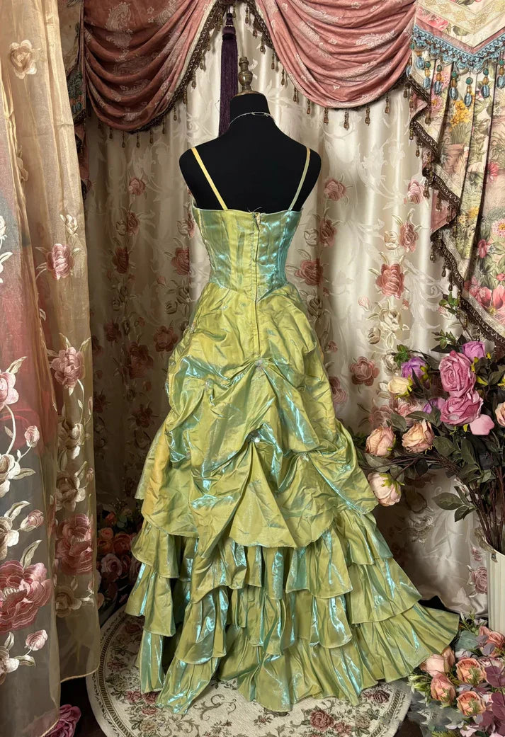 💚Fairytale Sage A-Line Mask Prom Dress Beaded Satin Evening Gown for Birthady&Graduation ED01742