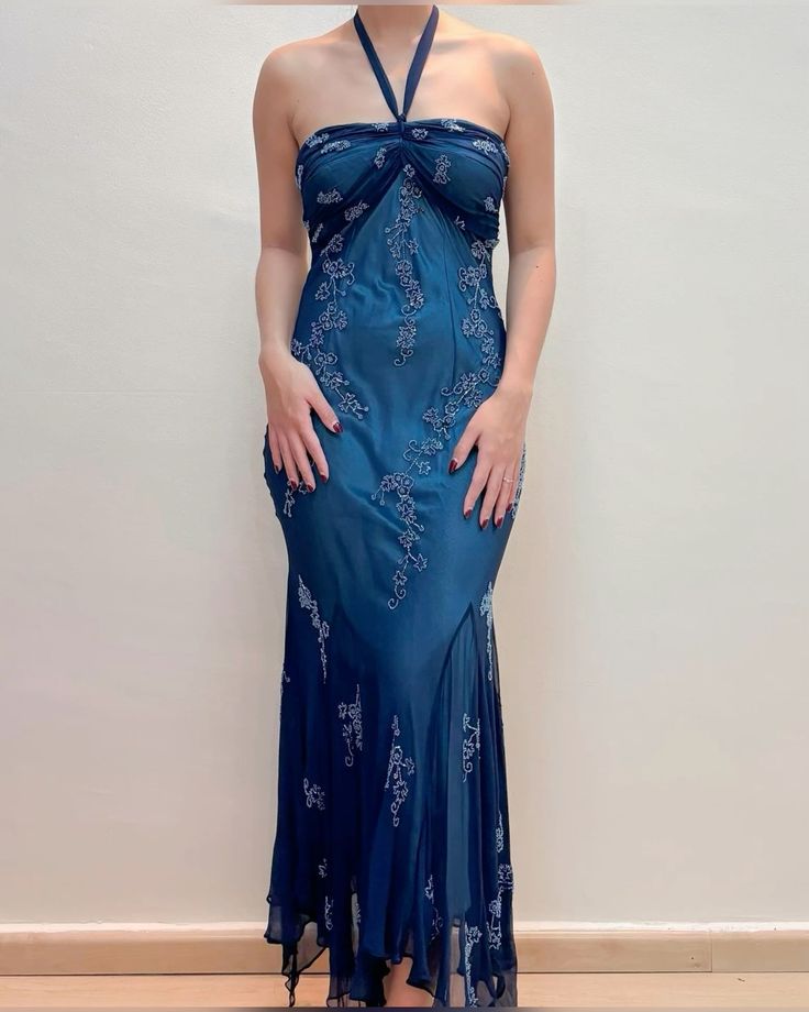 Vintage Blue Chiffon Long Prom Dresses Elegant Beaded Party Dresses ED01743