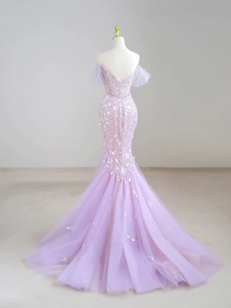 Mermaid V neck Tulle Sequin Purple Long Prom Dress Formal Dress ED01744