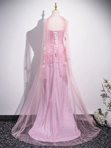 Pink Mermaid Strapless Tulle 3D Applique Long Prom Dress Sweet Wedding Dress ED01761