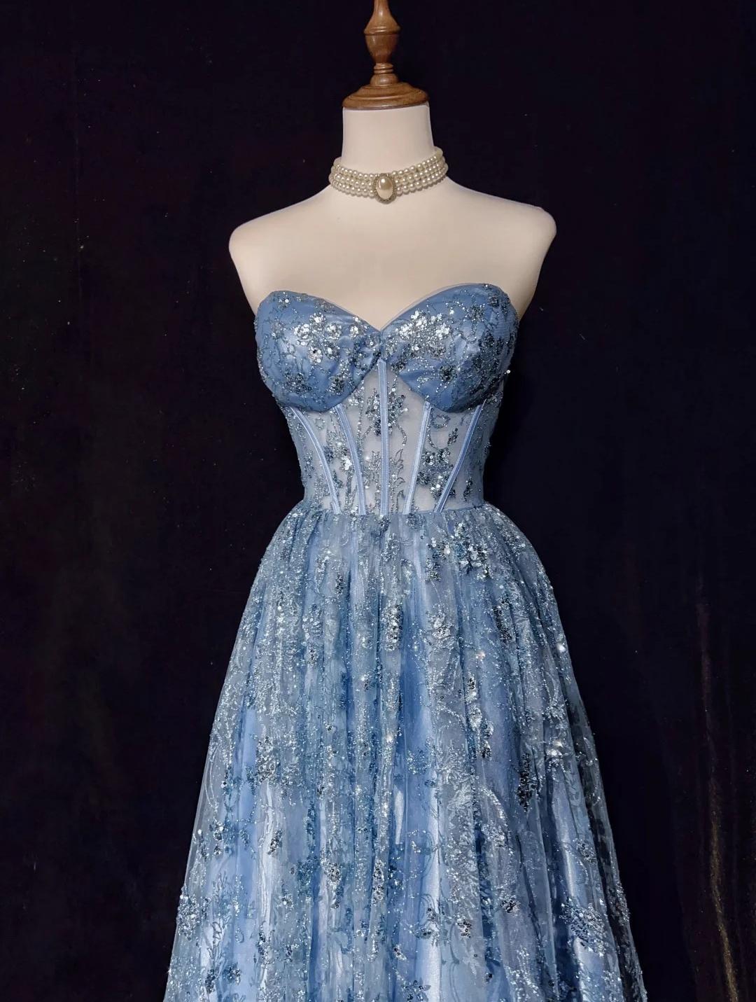 Blue A-Line Sweetheart Neck Tulle Sequin Long Prom Dress Exquisite Birthday Dress ED01766