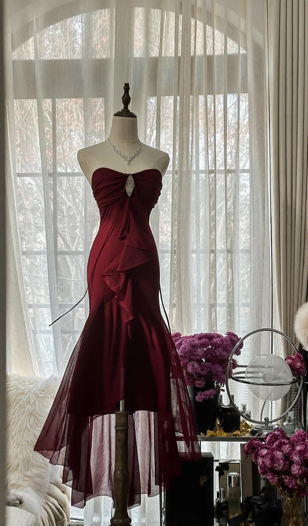 Vintage Red Mermaid Strapless Chiffon Prom Dress Graduation Prom Dress ED01775