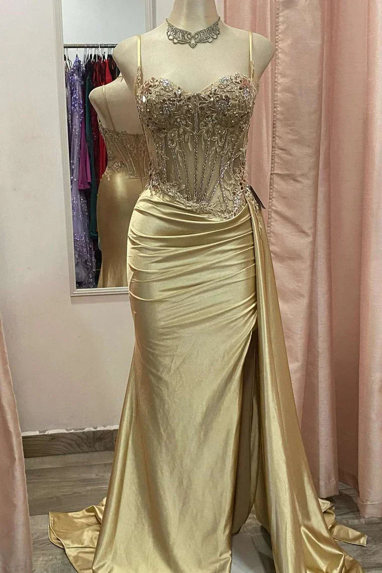 Sage Green Spaghetti Straps Sequins Mermaid Appliqued Prom Dress With Split ED01779