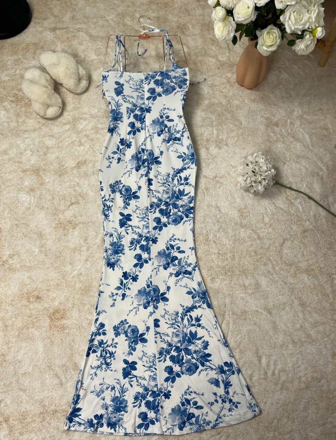 Gentle Print Spaghetti Strap Chiffon Mermaid Prom Dress ED01787