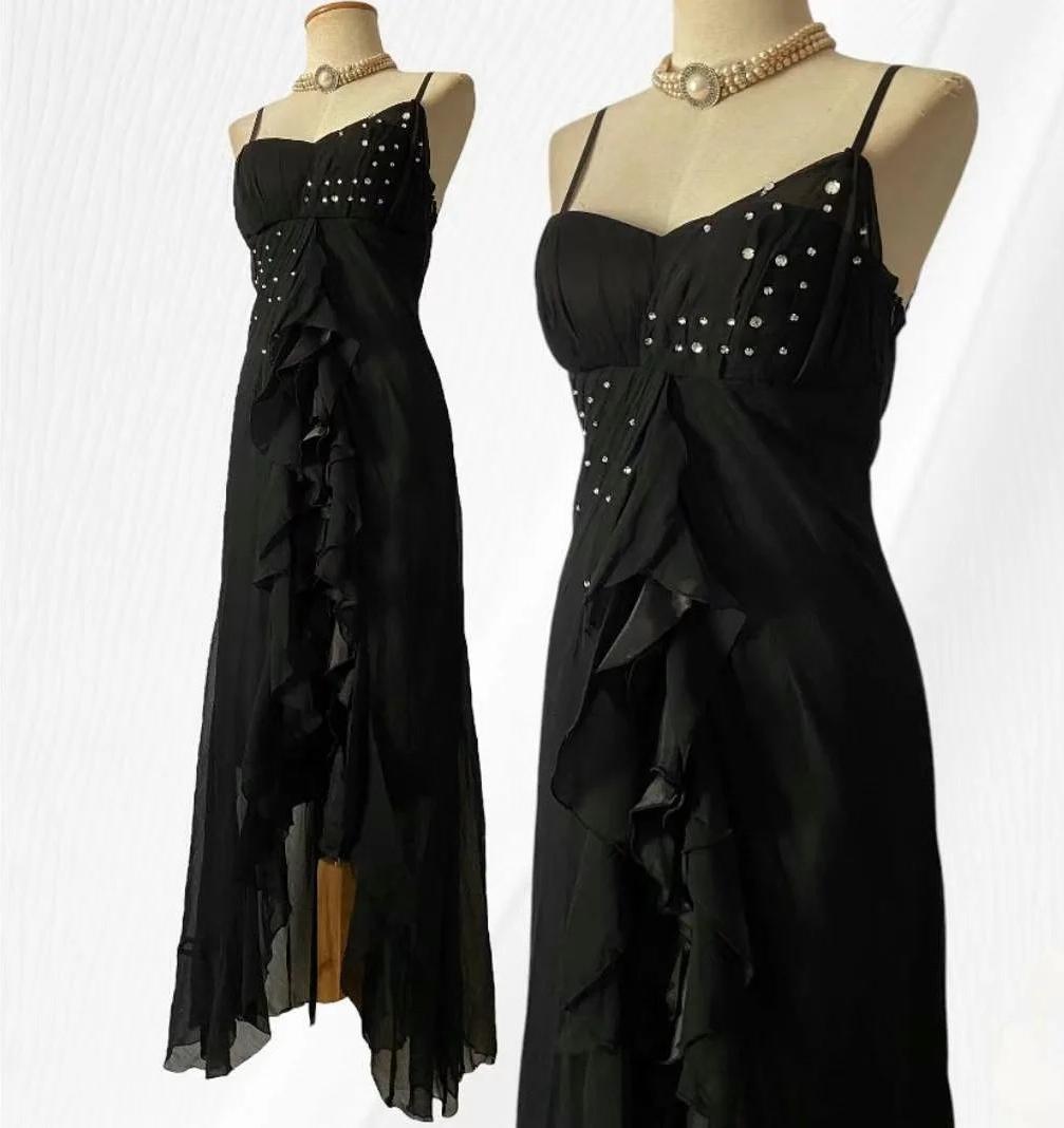 Elegant Black Chiffon Mermaid Party Dresses with Silt Spaghetti Straps Long Prom Dresses ED01788