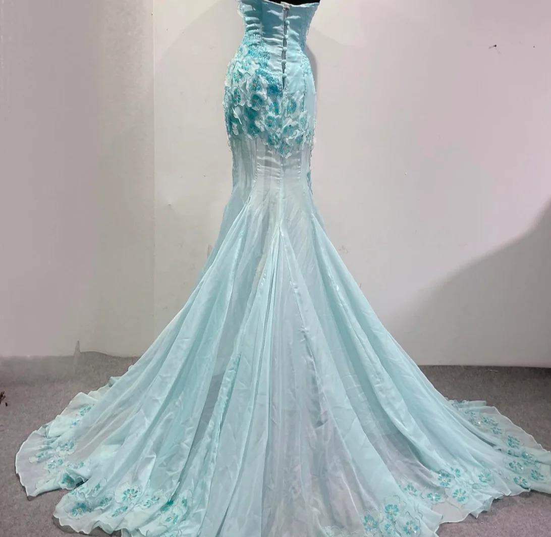 Ice Blue Ombre Mermaid Strapless Chiffon Long Wedding Dress with Appliques and Beading Formal Prom Dress ED01789