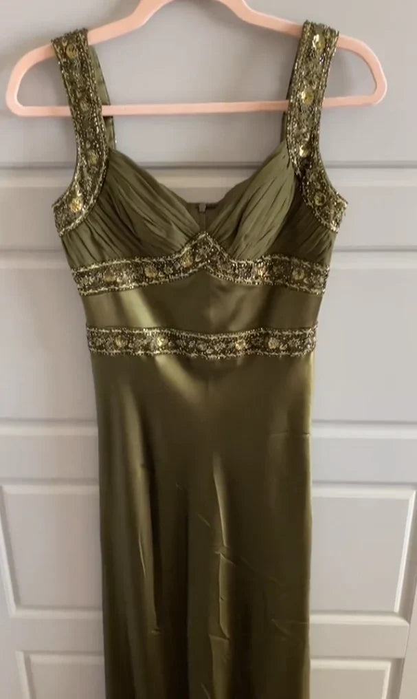 Olive Green Mermaid Spaghetti Straps Satin Beaded Long Prom Dress Evening Dress ED01795