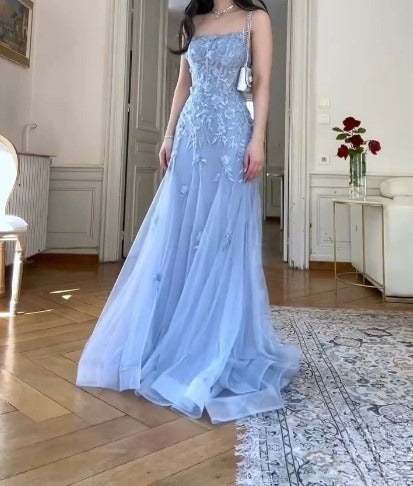 Elegant Blue Tulle A-Line Spaghetti Strap Appliqué Long Prom Dress Evening Dress ED01799